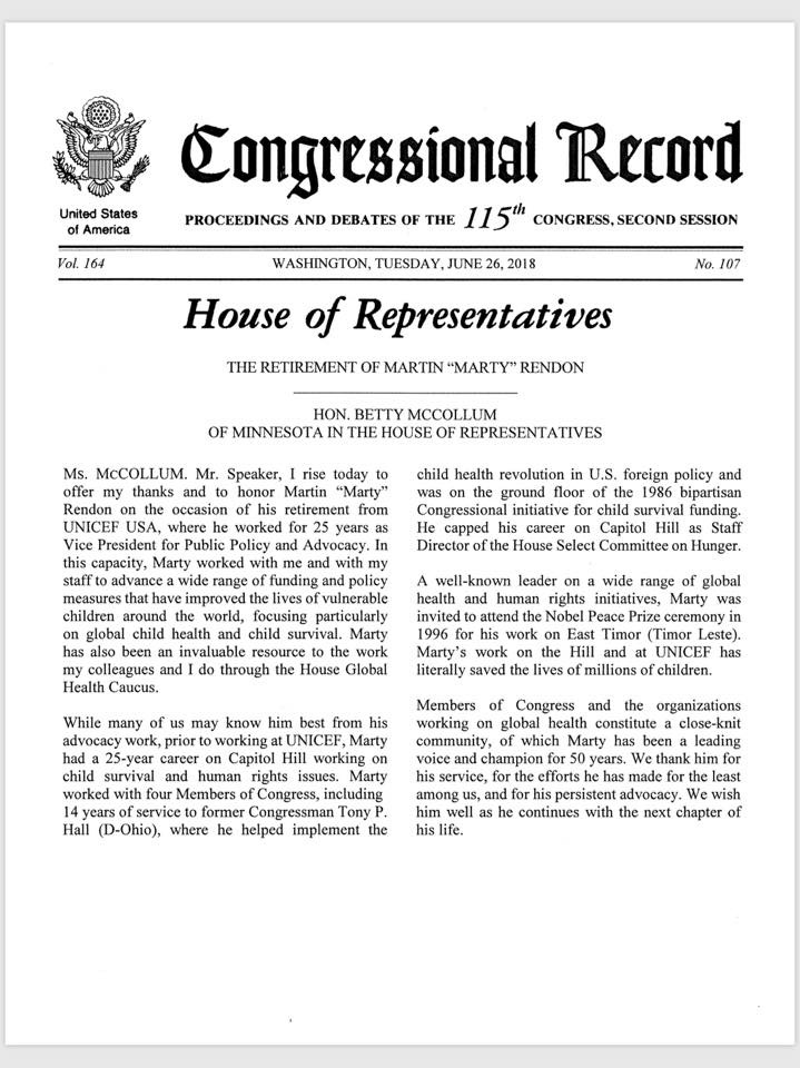 The Congressional Record honoring the retirement of Martin "Marty" Rendon, text in full below.